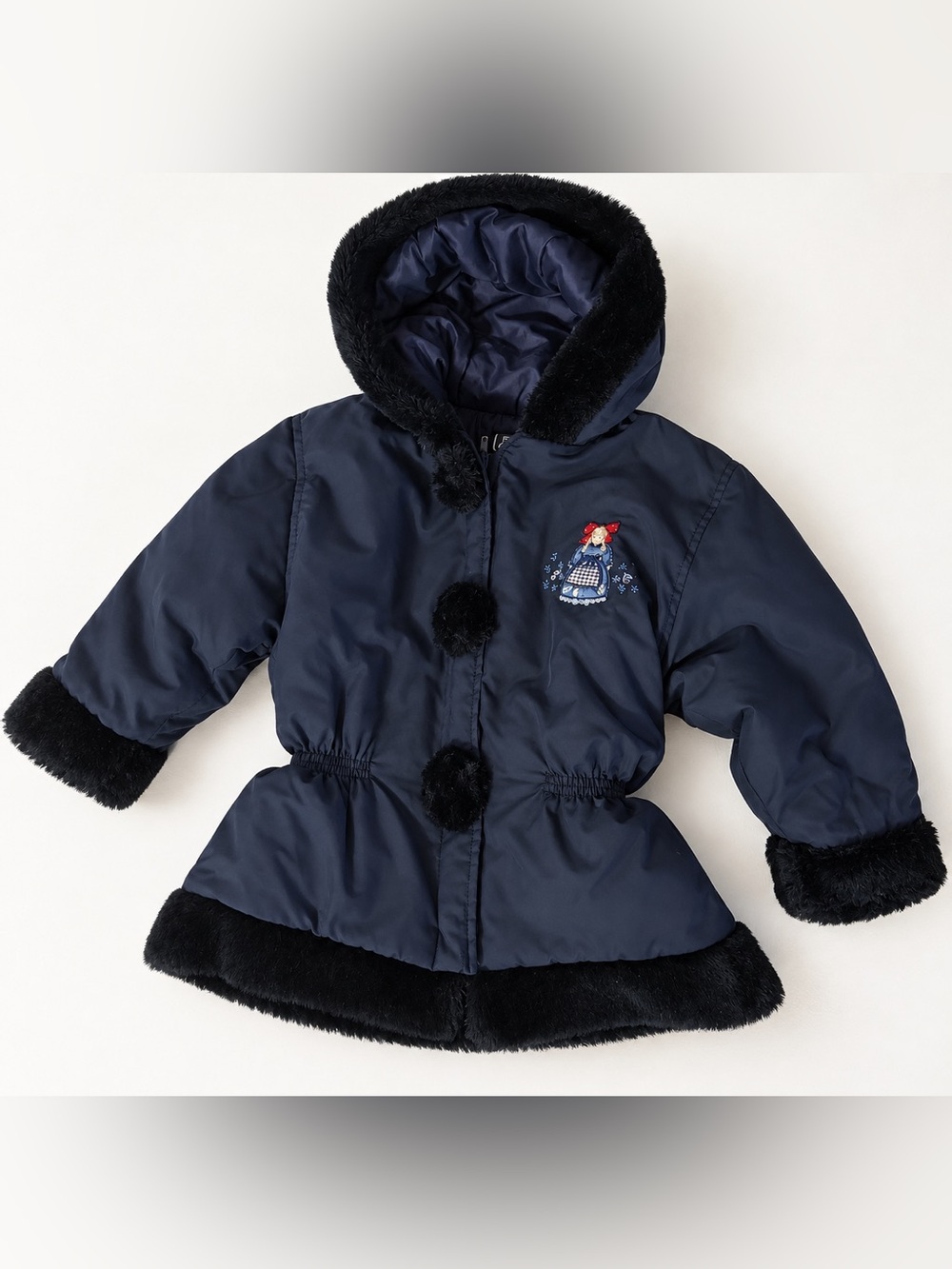 vintage Tartine et Chocolat Navy Hooded Puffer Coat with Faux Fur Trim